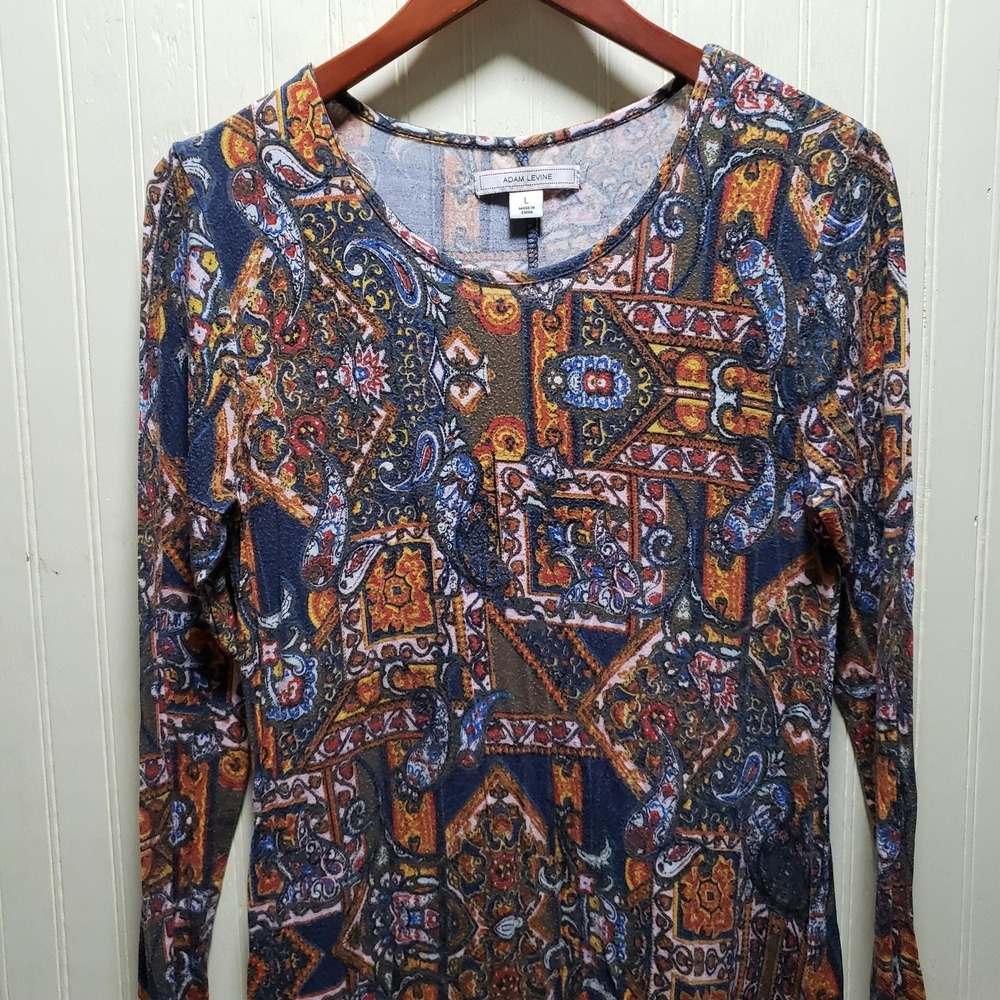 Adam Levine Dress Womens‎ Large Blue Paisley Long Sleeve Scoop Neck Short Shift